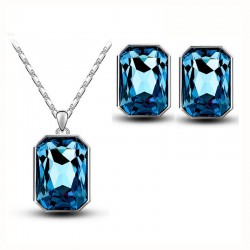 Platinum plated big shing blue rectangle pendant with earrings